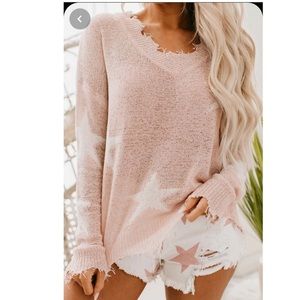 Moonbeam🌙 pink sweater, white stars, distressed
